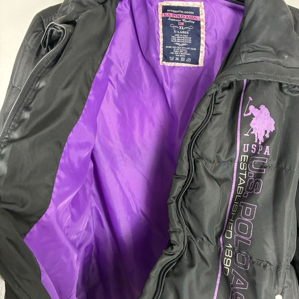 U.S. Polo Assn Girls Puffer Coat Jacket Black Purple Quilted XL /16 - Picture 5 of 7